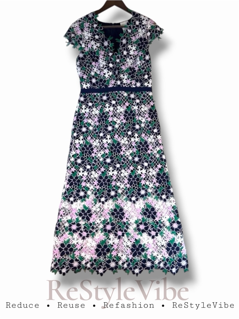 foxiedox Navy, White & Green Floral Lace Midi Dress